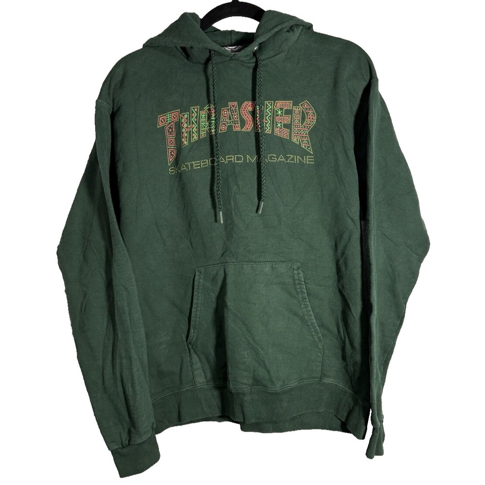 Thrasher Hoodie Small S Green Neon Logo Pullover Skate Sweatshirt Faded